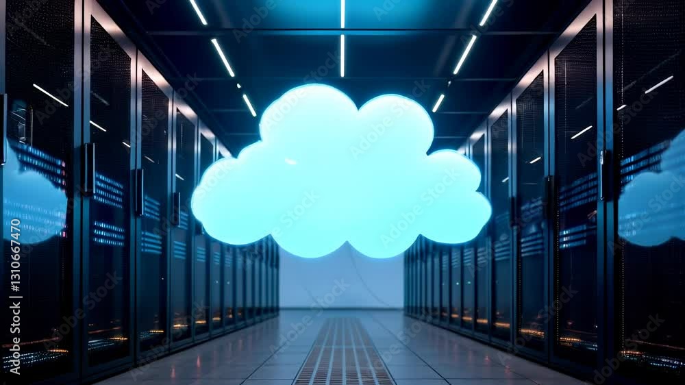 Poster glowing cloud icon in futuristic server room highlighting cloud computing data center technology