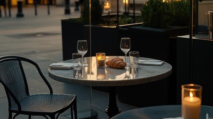 Fototapeta premium Parisian caf-style bar table with elegant wine glasses, croissants, and candlelight.