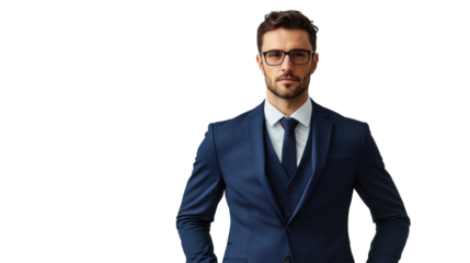 Confident businessman standing with arms crossed, wearing glasses and a formal suit, isolated on a white background.