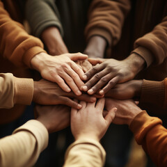 "Diverse Hands Stacked Together in Unity &ndash; Symbol of Teamwork, Inclusion, and Community Support"