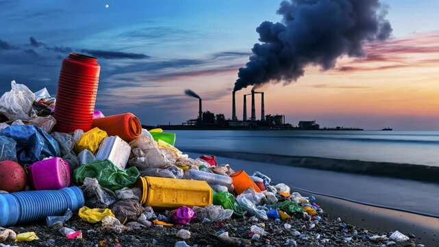 polluted beach landscape with industrial smokestacks at sunset
