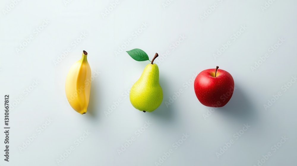 Poster minimalist fruit logo design featuring abstract banana, pear, and apple on a clean white background 