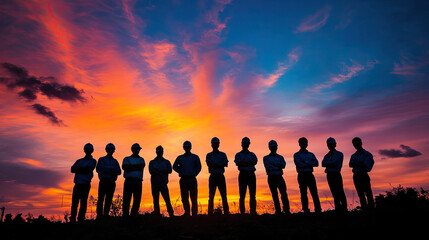 Fototapeta premium Silhouetted group of individuals standing against a vibrant sunset sky, showcasing unity and reflection