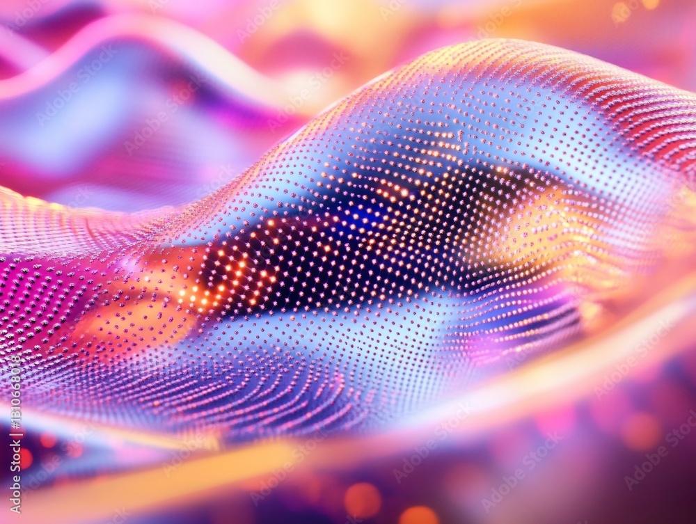 Poster abstract colorful wavy surface with glowing dots.
