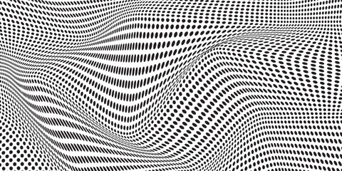 Black and white halftone abstract waves. Very unique wavy dots arranged randomly. Monochrome texture for printing on badges, posters and business cards.
