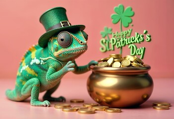 Fototapeta premium Whimsical St. Patrick’s Day Reptile with Shamrocks and Gold Coins