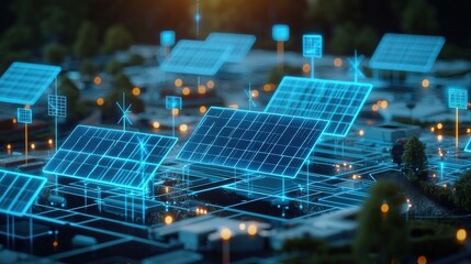 A solar farm with AR overlays showcasing energy production