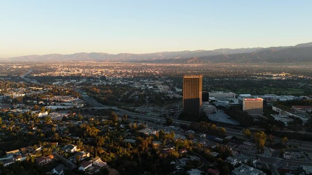 Editorial Aerial Drone View of Universal City and San Fernando Valley at Sunrise, Los Angeles, 2 October 2024
