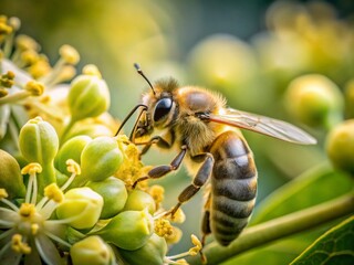Minimalist Bee Pollinating Avocado Blossom: Close-up Macro Shot