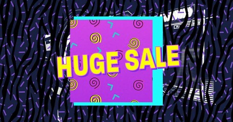 Animation of huge sale text over colorful geometric patterns and abstract background - Powered by Adobe