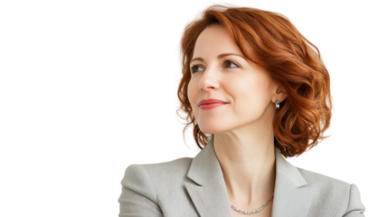 Confident business woman with red hair looking thoughtfully to the side, isolated on a white background.