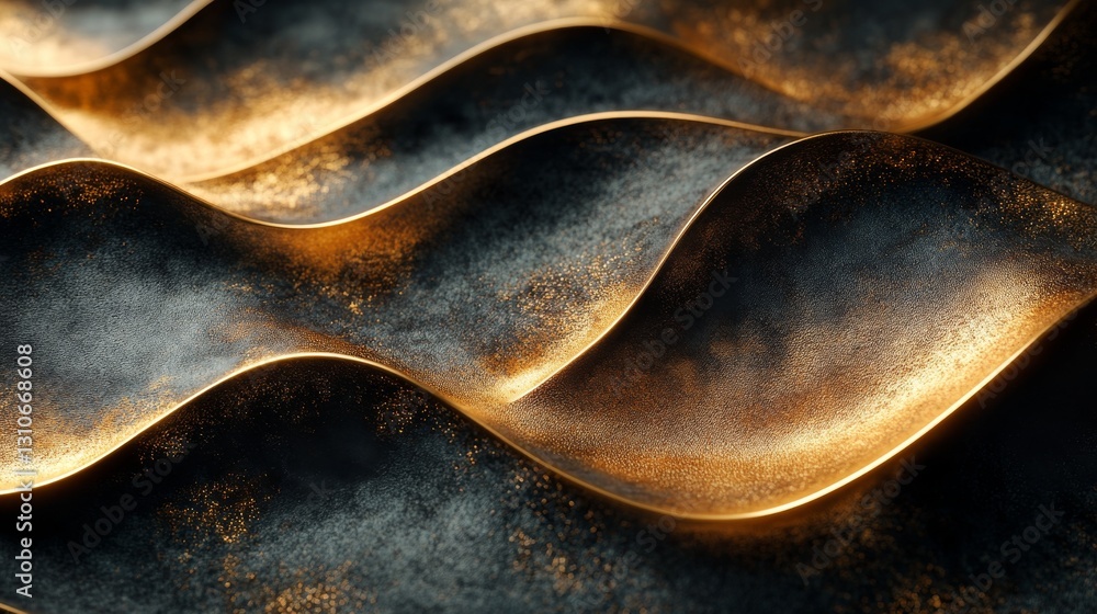 Poster abstract golden wavy metallic ribbons displaying texture and color gradients