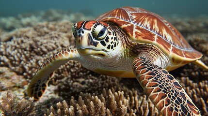 Fototapeta premium Earth Day Wildlife Concepts. Sea turtle swimming over coral reef in clear water.