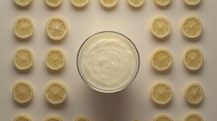 Creamy yogurt with lemon slices, overhead shot, food blog
