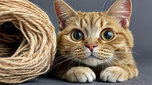Curious orange cat resting beside a coil of yarn