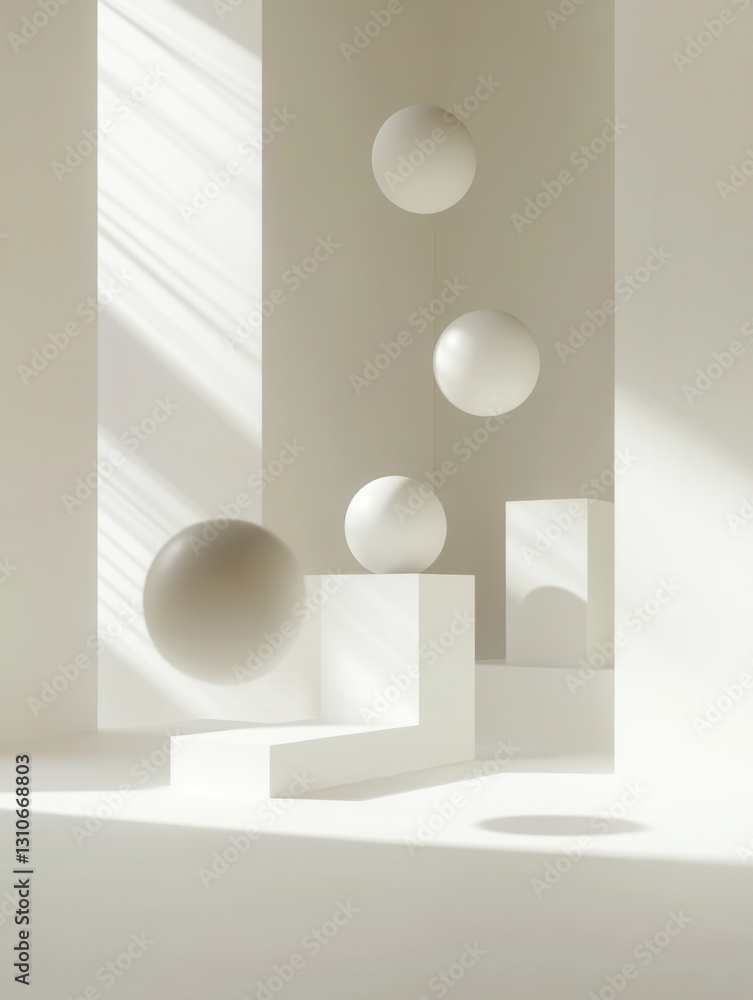 Poster Floating 3D shapes create a minimalist aesthetic in a futuristic design with soft shadows and elegant light reflections