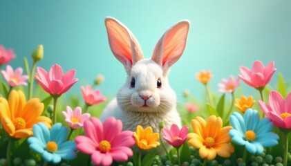 Bunny ears peeking out from behind a cluster of colorful flowers , meadow, flowers, bunny