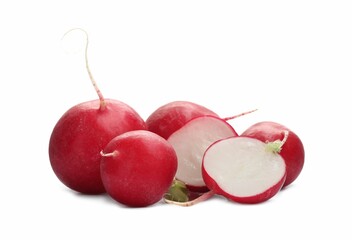 Whole and cut radishes isolated on white