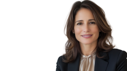 Confident businesswoman smiling, dressed in professional attire against a white background.