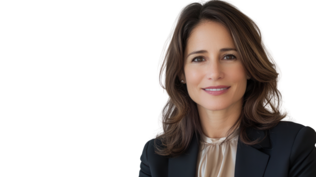 Confident businesswoman smiling, dressed in professional attire against a white background.
