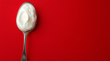 Creamy yogurt spoon red background food