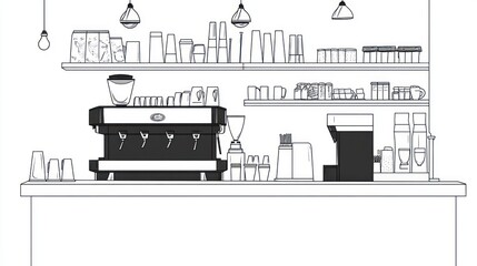 Cafe interior, coffee machine, shelves, supplies, simple design, illustration