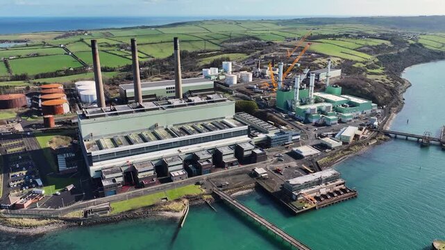 Aerial Video of Ballylumford Power Electrical Station Larne town County Antrim Northern Ireland 04-03-25