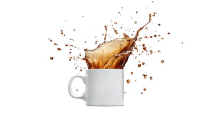 Coffee splashing out of a white mug, dynamic and energetic scene, isolated on white background.
