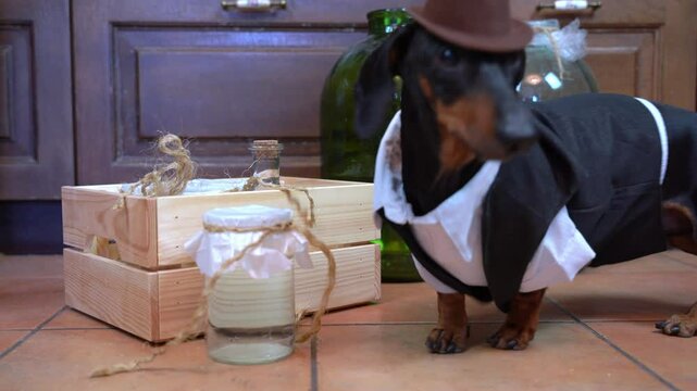 Elegant dachshund dog in vest, mafia boss hat checks the delivery of order, pokes his nose into wooden box Preparations for theme party wild west,prohibition Homemade eco products in natural packaging