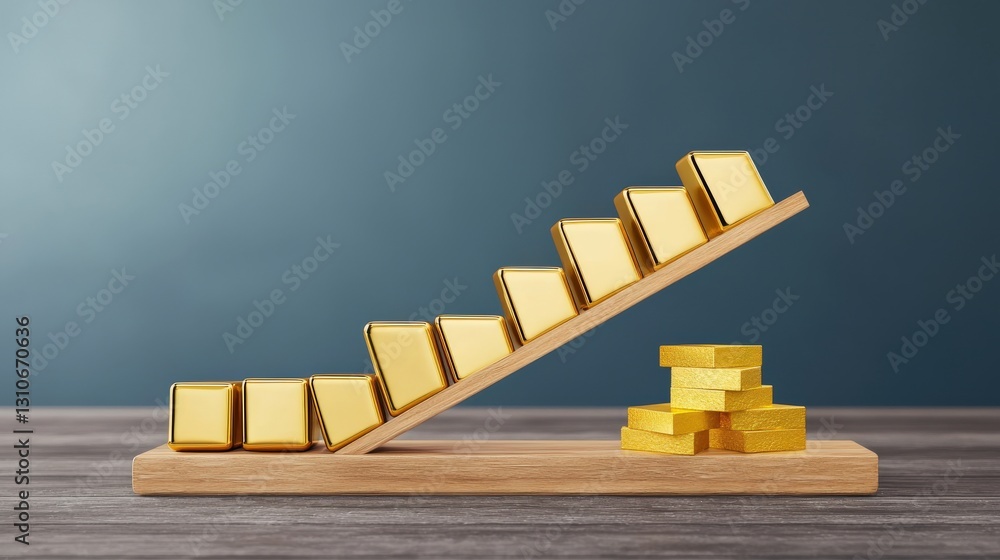 Poster a symbolic scale with gold bars on one side and a price graph on the other.