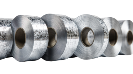 Metallic spools of high-quality adhesive tape arranged in a row, isolated on a white background.