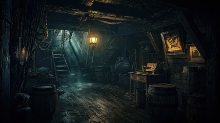 Dramatic Pirate Cove Interior with Deep Shadows and Soft Light