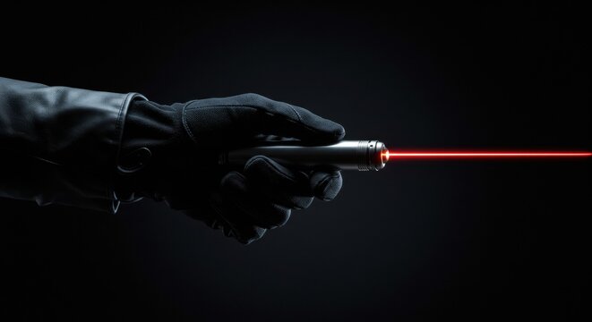 Gloved Hand Holding Laser Pointer: Dramatic Red Beam in Dark Background