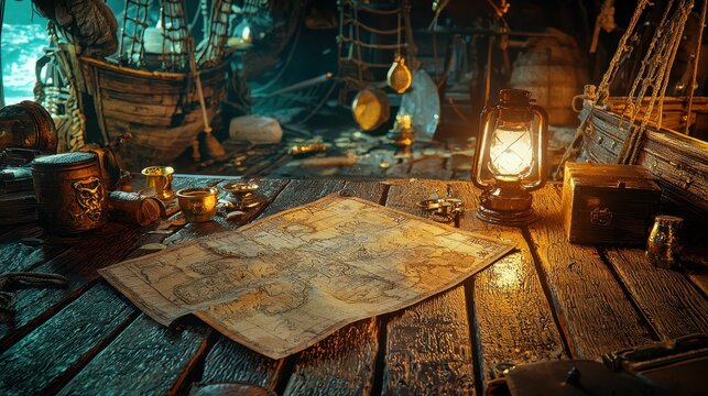 Dramatic Pirate Cove Interior with High Contrast Lighting Effects