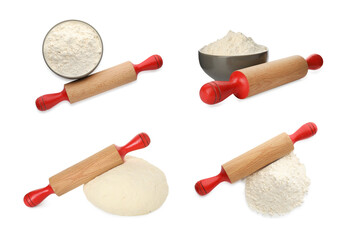 Rolling pin with flour and dough isolated on white, collage