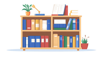 A stylish bookshelf filled with colorful books, a lamp, and a plant, perfect for a cozy reading nook.