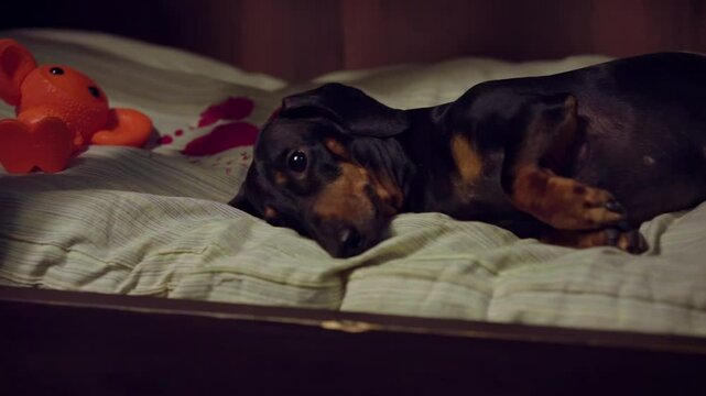 Tired apathetic dachshund dog sadly lies on bed with blood stain next to torn rubber toy Cheburashka destroyed by pet, attack of rabies, lack of attention, aggression Parody horror film killer, victim