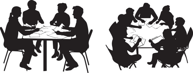 Silhouette of a group of friends brainstorming together with papers scattered on a table vector silhouette