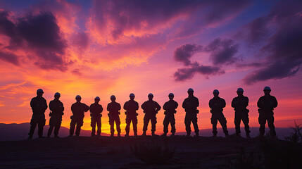 Fototapeta premium Silhouetted soldiers standing against a vibrant sunset, showcasing camaraderie and unity