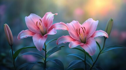 Fototapeta premium Two vibrant pink lilies amidst a soft, blurred background and green leaves
