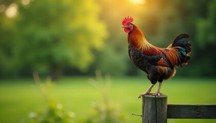 Fototapeta premium Chicken perched on a fence post, fences, rural, silhouette
