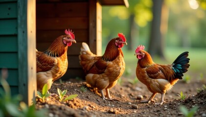 Chicken Coop with Chickens , rustic shelter, nesting box, farm animal
