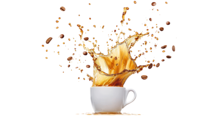 Coffee splashing out of a white cup, dynamic motion, energetic, vibrant colors.