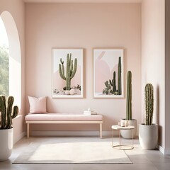 Minimalist Pink Living Room Interior with Cacti and Modern Decor