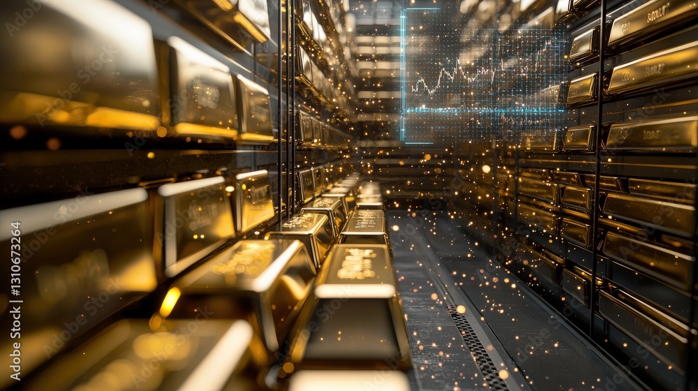 Poster a vault filled with gold bars with an interactive price chart floating nearby.