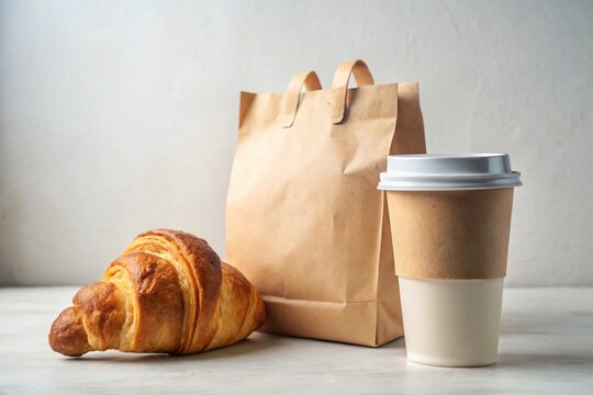 Minimalist Coffee & Croissant Delivery: White Background Stock Photo - Powered by Adobe