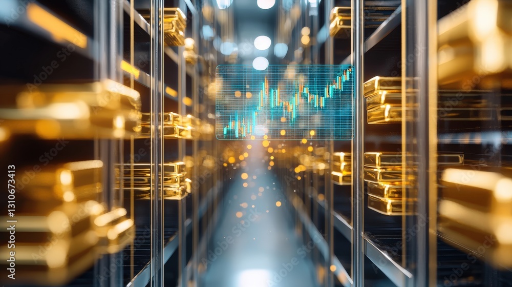 Poster a vault filled with gold bars with an interactive price chart floating nearby.