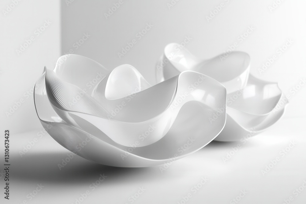 Poster Minimalist floating 3D shapes with soft shadows and elegant light reflections in a futuristic design setting