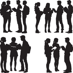 Silhouette group of students discussing while holding books vector silhouette
