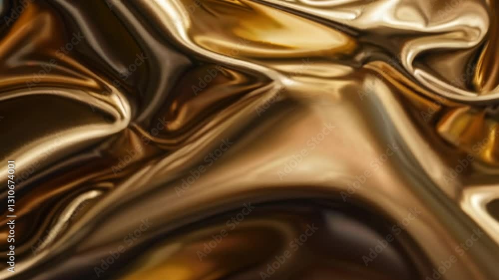 Poster close-up video of flowing gold satin fabric, capturing the smooth texture and vibrant colors from a 